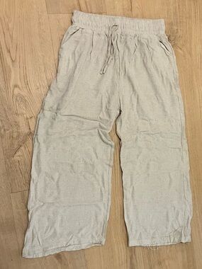 Cream Elastic-Waist Lenin pants